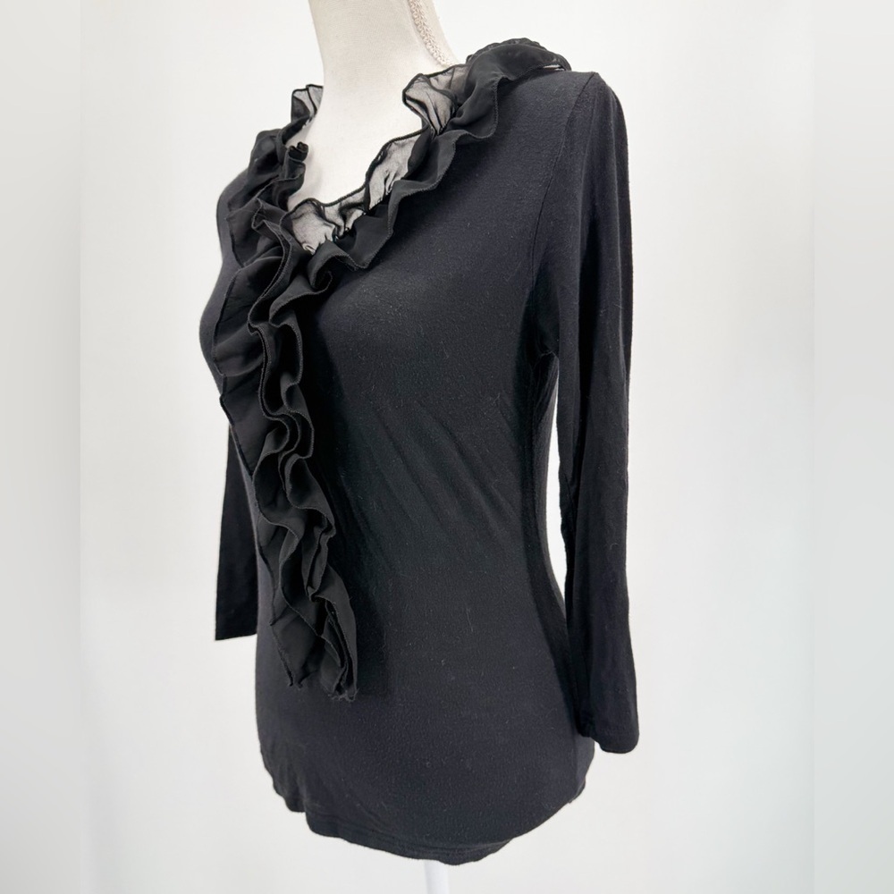 Milano Womens Ruffle Chiffon Trim Black Stretch Blouse Top M Coquette Fall Chic